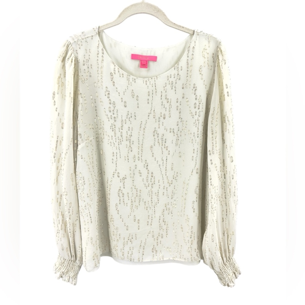Lilly Pulitzer Idina Long Sleeve Silk Top Womens Sz XL Metallic Luxury Old Money - Picture 2 of 12